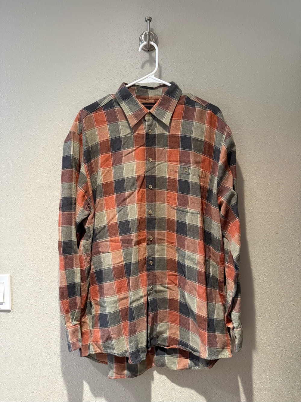 SteelTown WorkWear Mens Rust Orange Olive Grey Plaid Flannel Button Down Shirt S